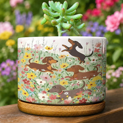 Lorva Dachshund Ceramic Plant Pot Happy Dachshunds In Flower Garden