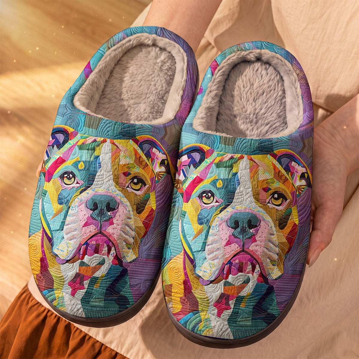 Lorva Pit bull Fleece Lined Slippers Colorful Patchwork
