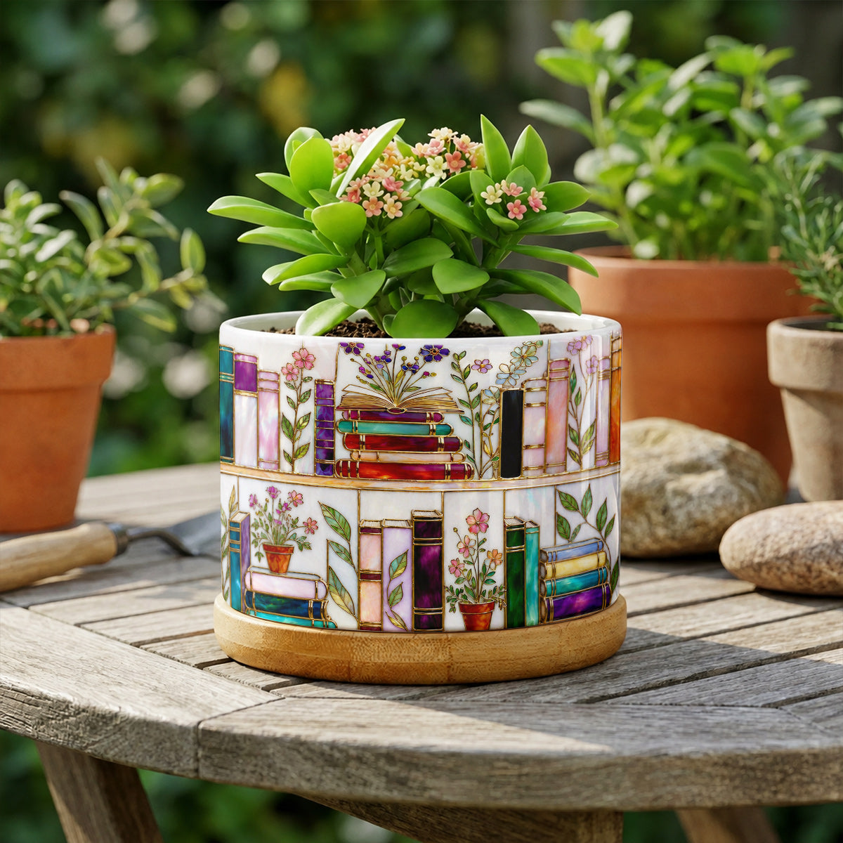 Lorva Reading Ceramic Plant Pot Charming Floral Bookshelf