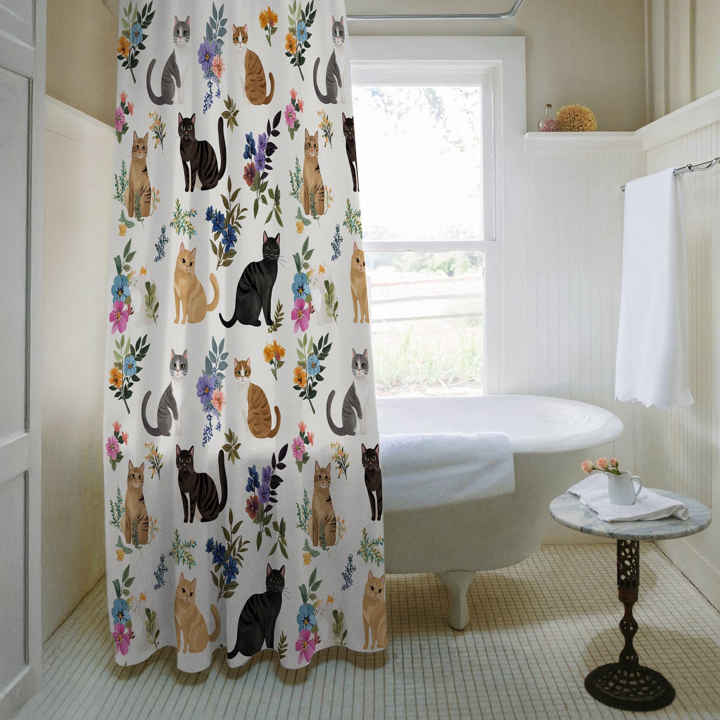 Lorva Shower Curtain Cute Floral Cats
