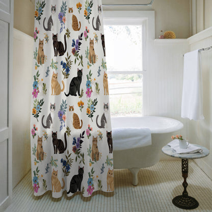 Lorva Shower Curtain Cute Floral Cats