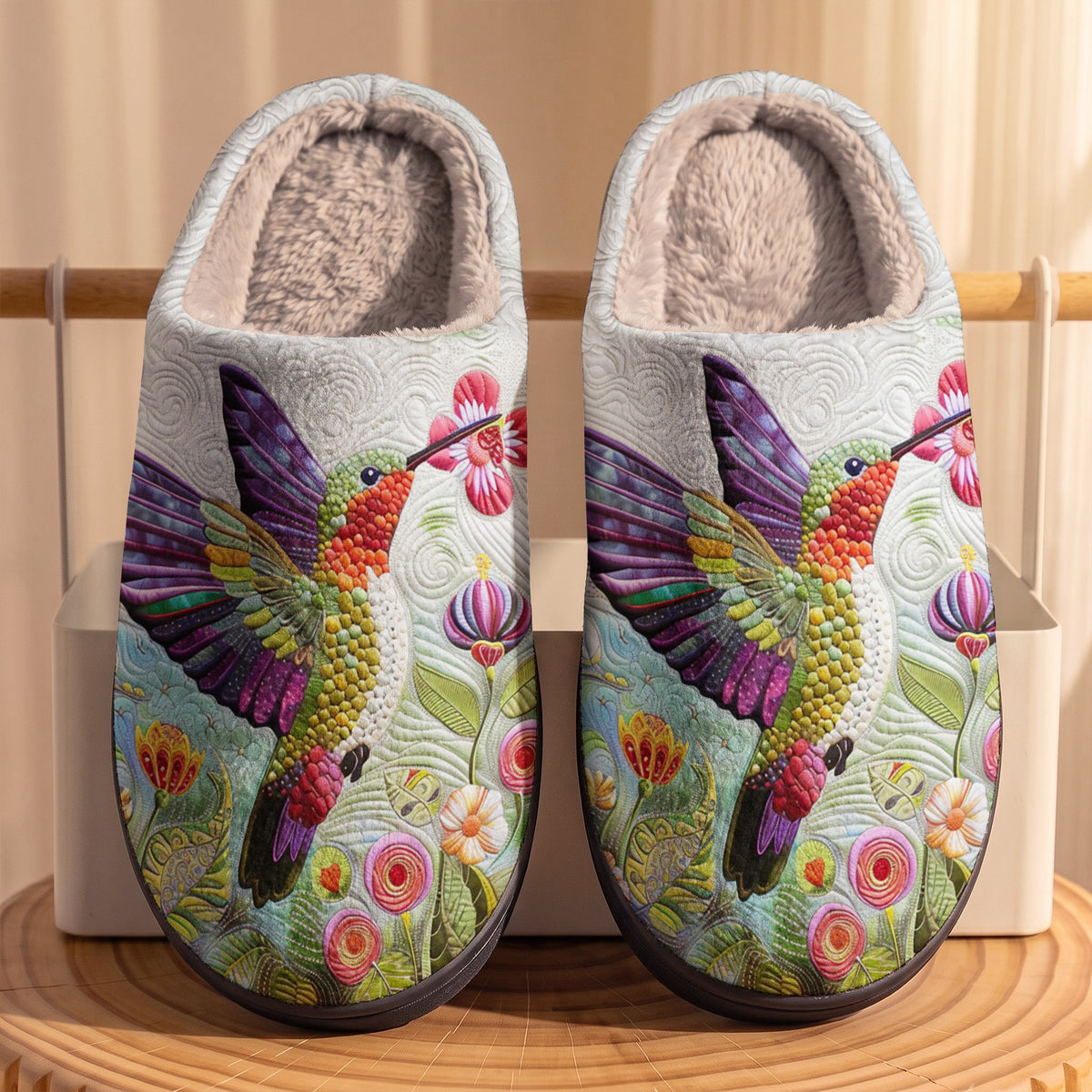 Lorva Hummingbird Fleece Lined Slippers Beautiful Floral Garden