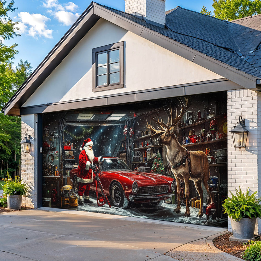Lorva Christmas Garage Door Banner Decoration Santa's Merry Motorworks