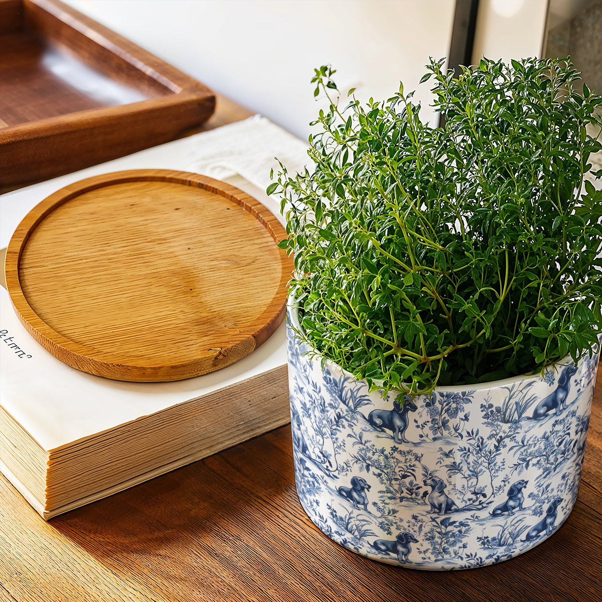 Lorva Dachshund Flat Print Ceramic Plant Pot Blue Floral