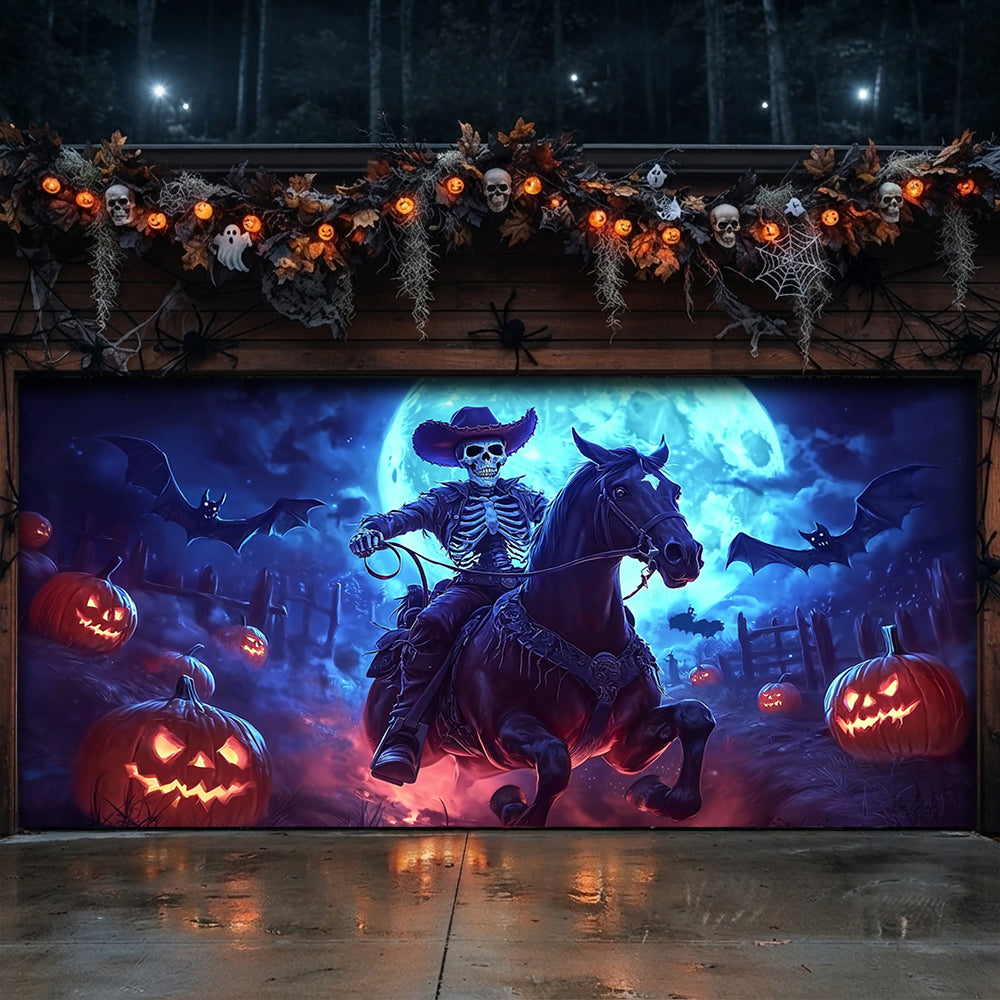 Lorva Halloween Garage Door Banner Decoration Haunted Cowboy Ride