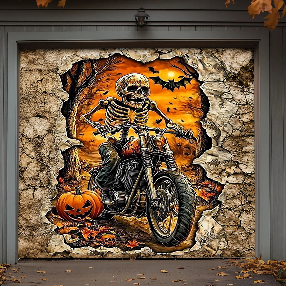 Lorva Halloween Garage Door Banner Decoration Skeleton Rider’s Halloween Ride