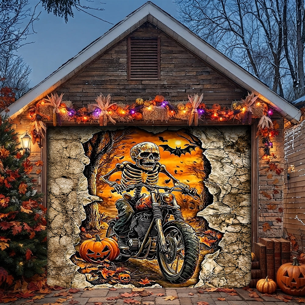 Lorva Halloween Garage Door Banner Decoration Skeleton Rider’s Halloween Ride