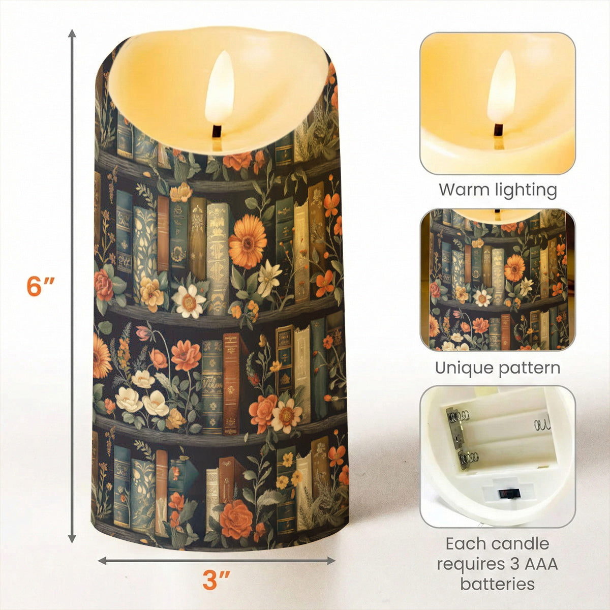 Lorva LED Candle Vintage Floral Bookshelf