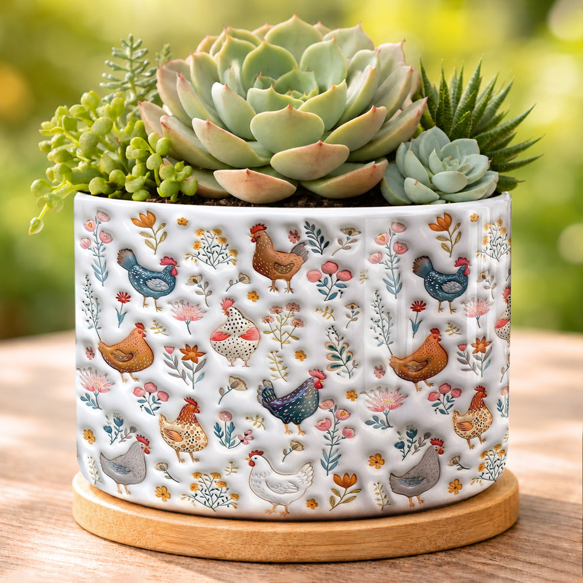 Lorva Chicken Flat Print Ceramic Plant Pot Happy Field Flowers