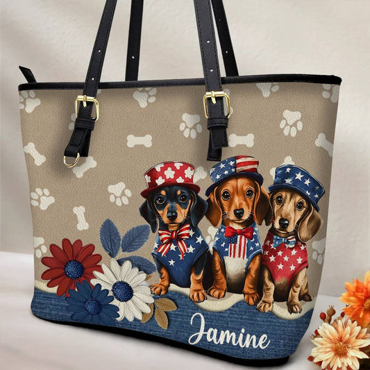 Lorva Dachshund Leather Tote Bag Personalized Happy Independence Day