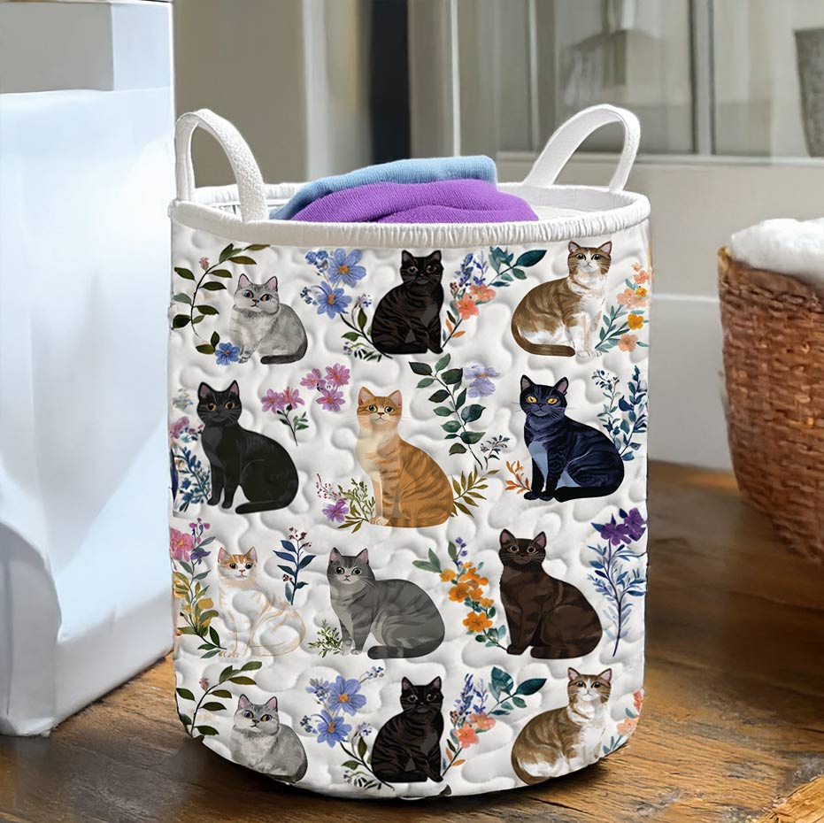 Lorva Quilted Laundry Basket Charming Floral Cats