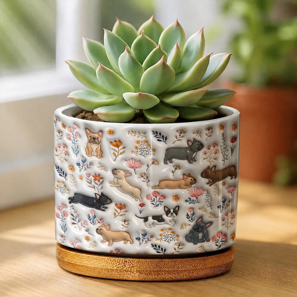 Lorva French Bulldog Flat Print Ceramic Plant Pot Happy Field Flowers