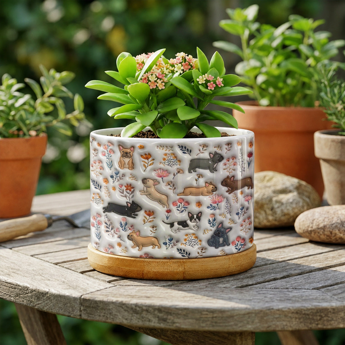 Lorva French Bulldog Flat Print Ceramic Plant Pot Happy Field Flowers