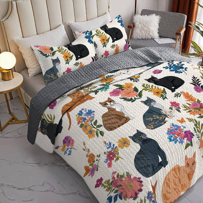 Cat Lorva All Season Quilt 3-Piece Set Whimsical Floral Cats