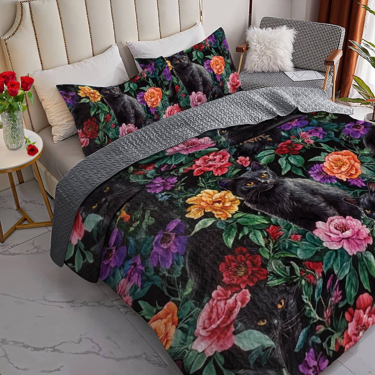 Lorva All Season Quilt 3-Piece Set Black Cat's Secret Garden