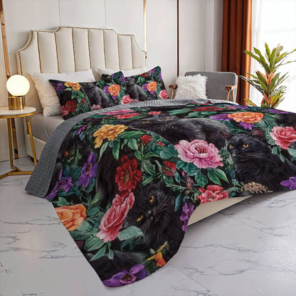 Lorva All Season Quilt 3-Piece Set Black Cat's Secret Garden