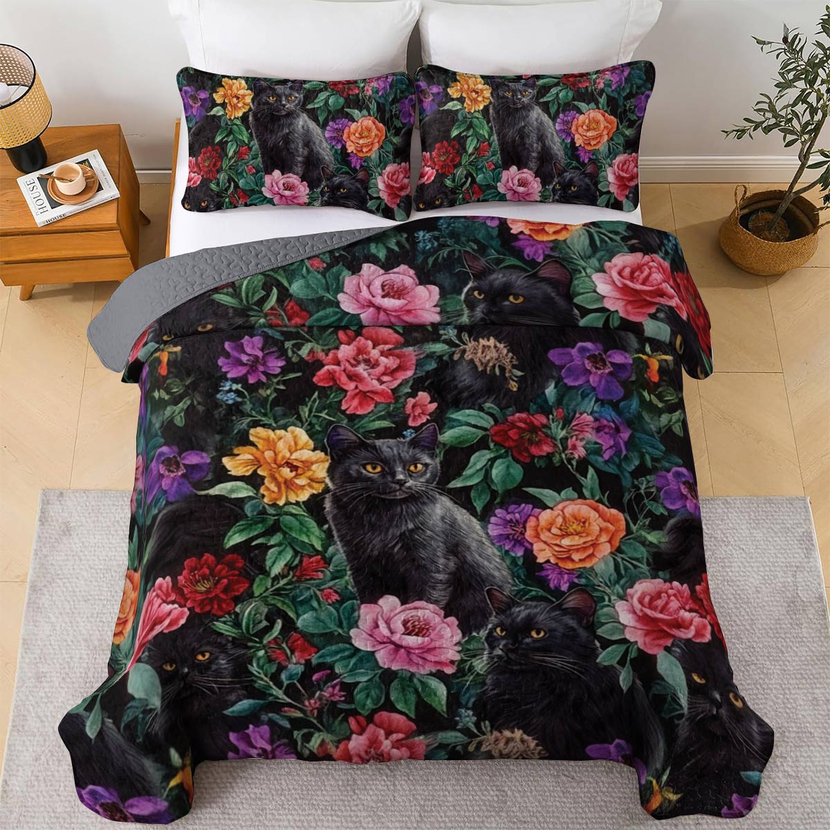 Lorva All Season Quilt 3-Piece Set Black Cat's Secret Garden