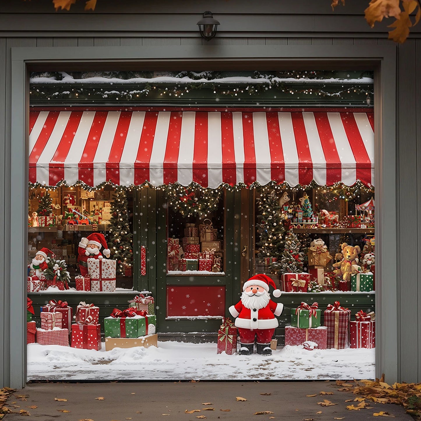 Lorva Christmas Garage Door Banner Decoration Christmas Magic at the Window A Snowy Shopfront with Santa and Presents