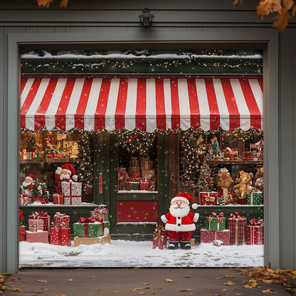 Lorva Christmas Garage Door Banner Decoration Christmas Magic at the Window A Snowy Shopfront with Santa and Presents