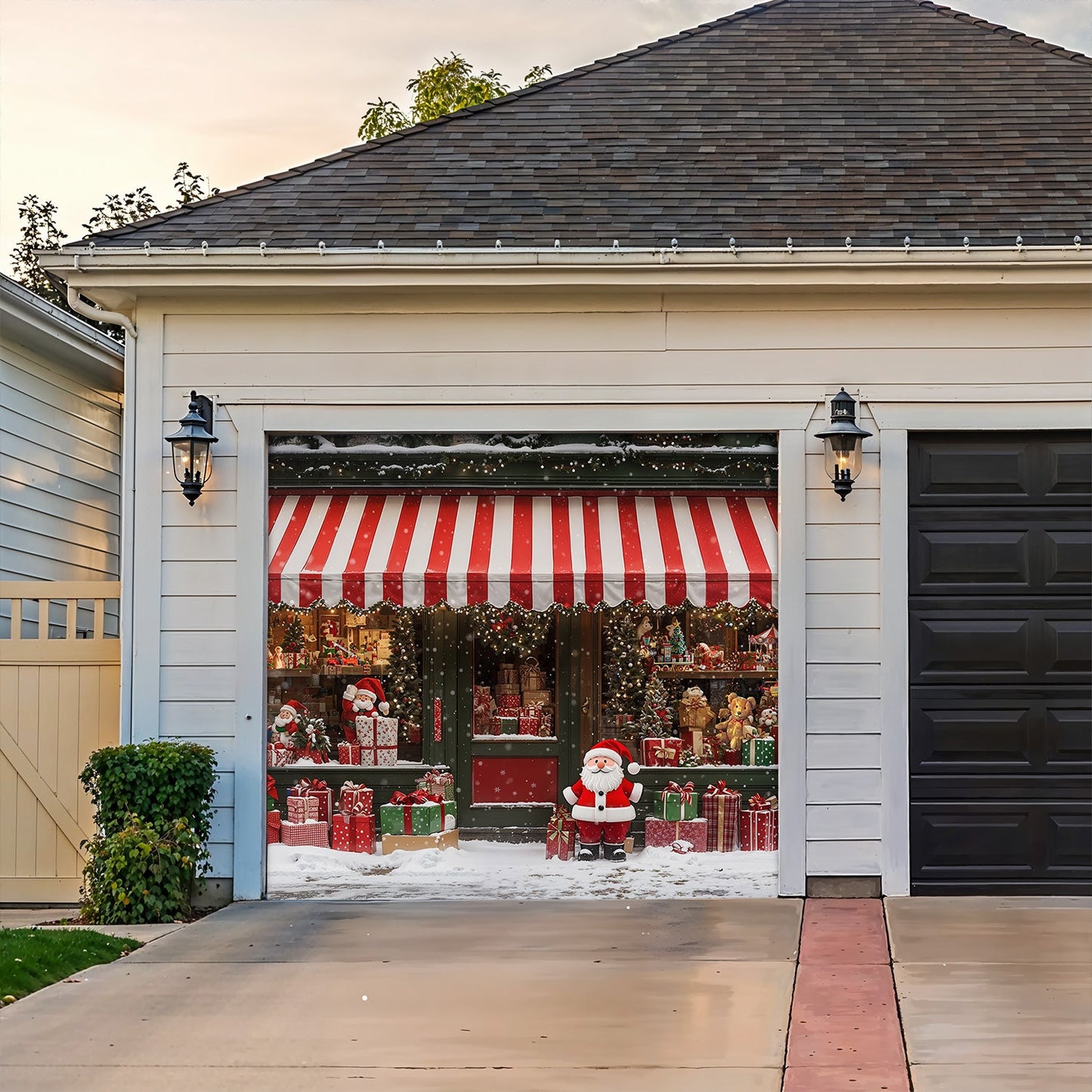 Lorva Christmas Garage Door Banner Decoration Christmas Magic at the Window A Snowy Shopfront with Santa and Presents