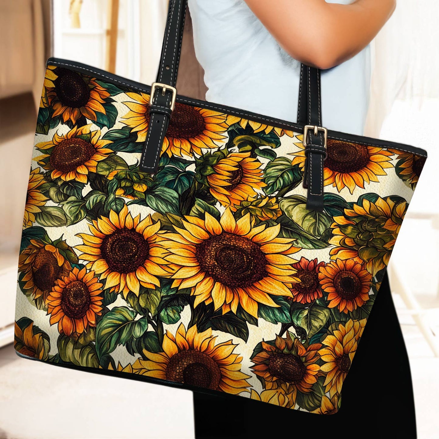 Lorva Leather Tote Bag Vintage Sunflower
