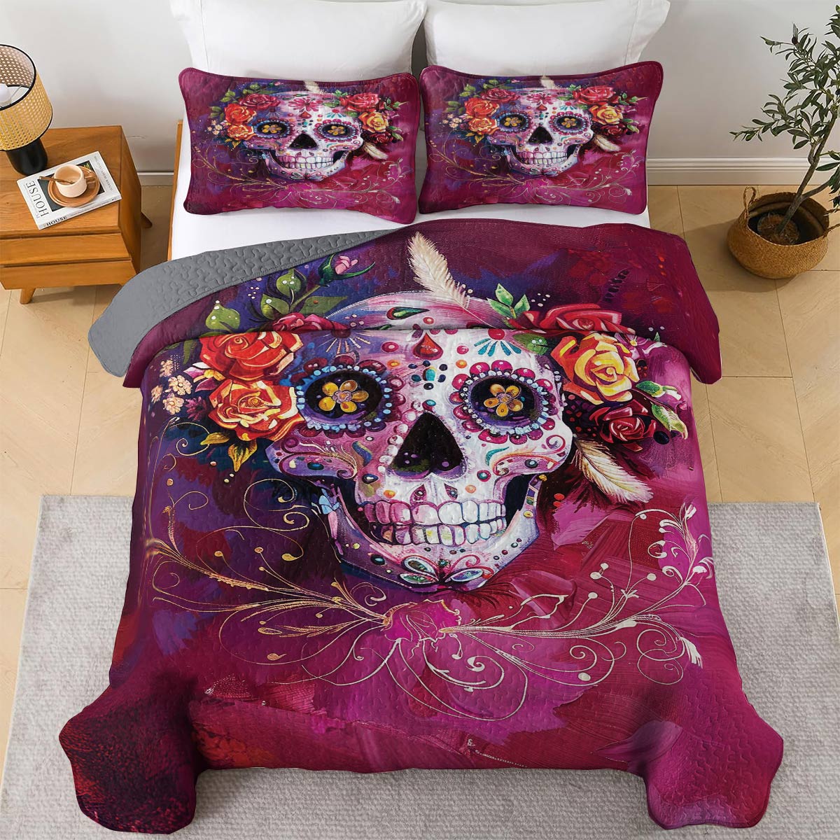 Lorva All Season Quilt 3-Piece Set Beautiful Sugar Skull