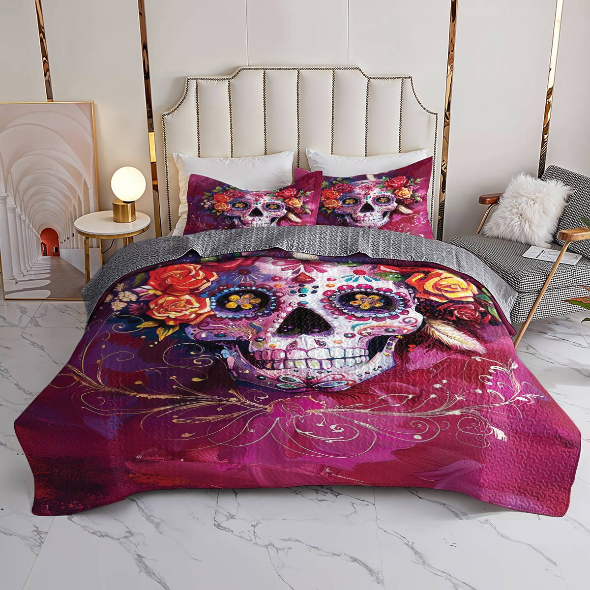 Lorva All Season Quilt 3-Piece Set Beautiful Sugar Skull
