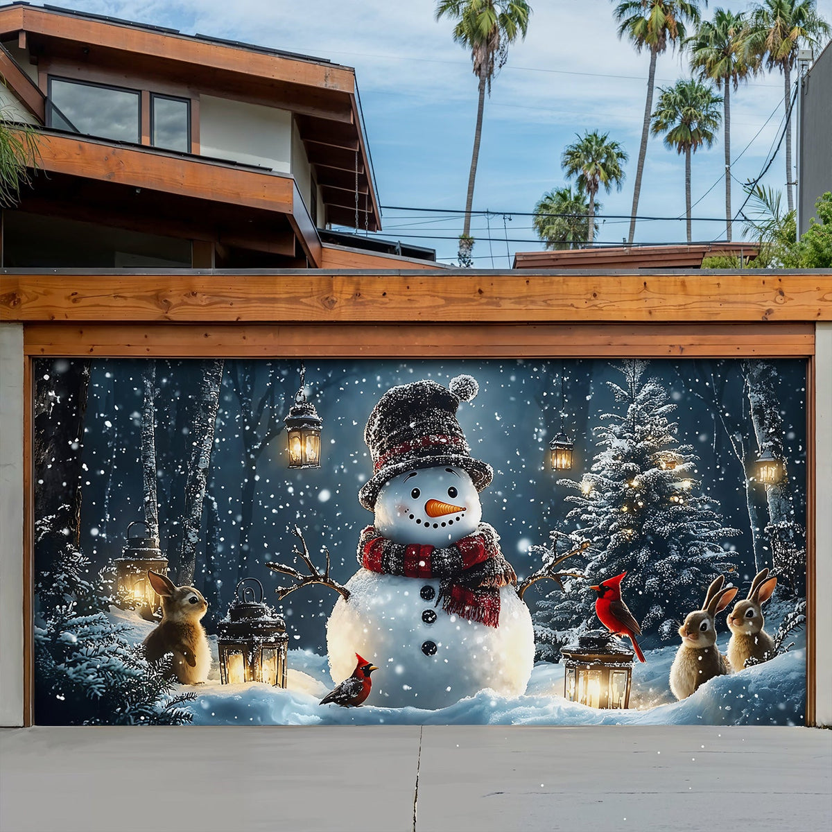 Lorva Christmas Garage Door Banner Decoration Snowman and Forest Companions in a Lantern Lit Winter Scene
