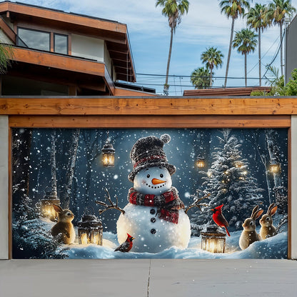 Lorva Christmas Garage Door Banner Decoration Snowman and Forest Companions in a Lantern Lit Winter Scene