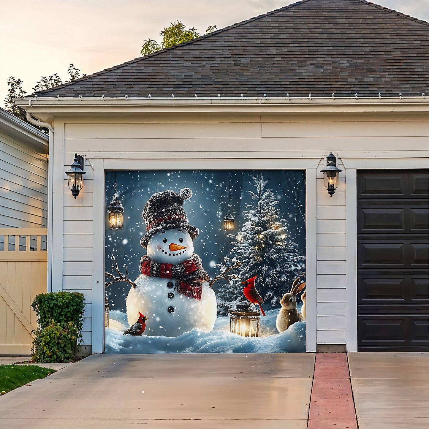 Lorva Christmas Garage Door Banner Decoration Snowman and Forest Companions in a Lantern Lit Winter Scene