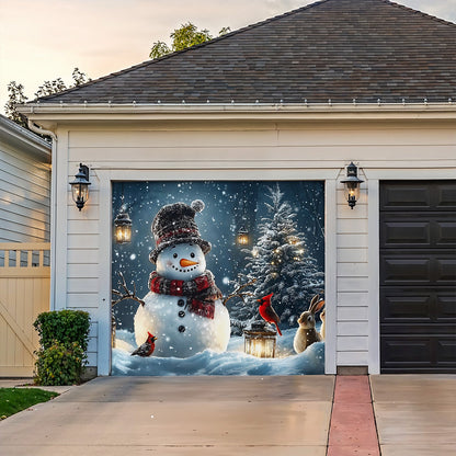 Lorva Christmas Garage Door Banner Decoration Snowman and Forest Companions in a Lantern Lit Winter Scene