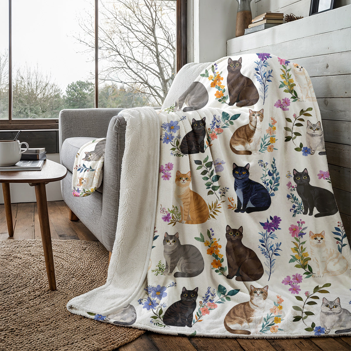 Lorva Fleece Blanket Charming Floral Cats