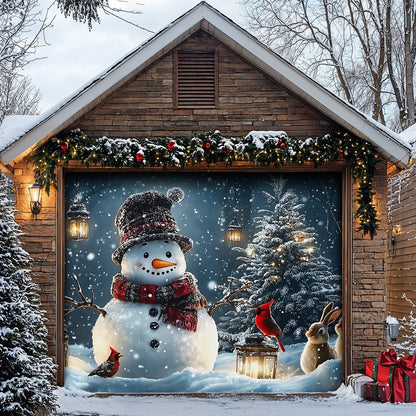 Lorva Christmas Garage Door Banner Decoration Snowman and Forest Companions in a Lantern Lit Winter Scene
