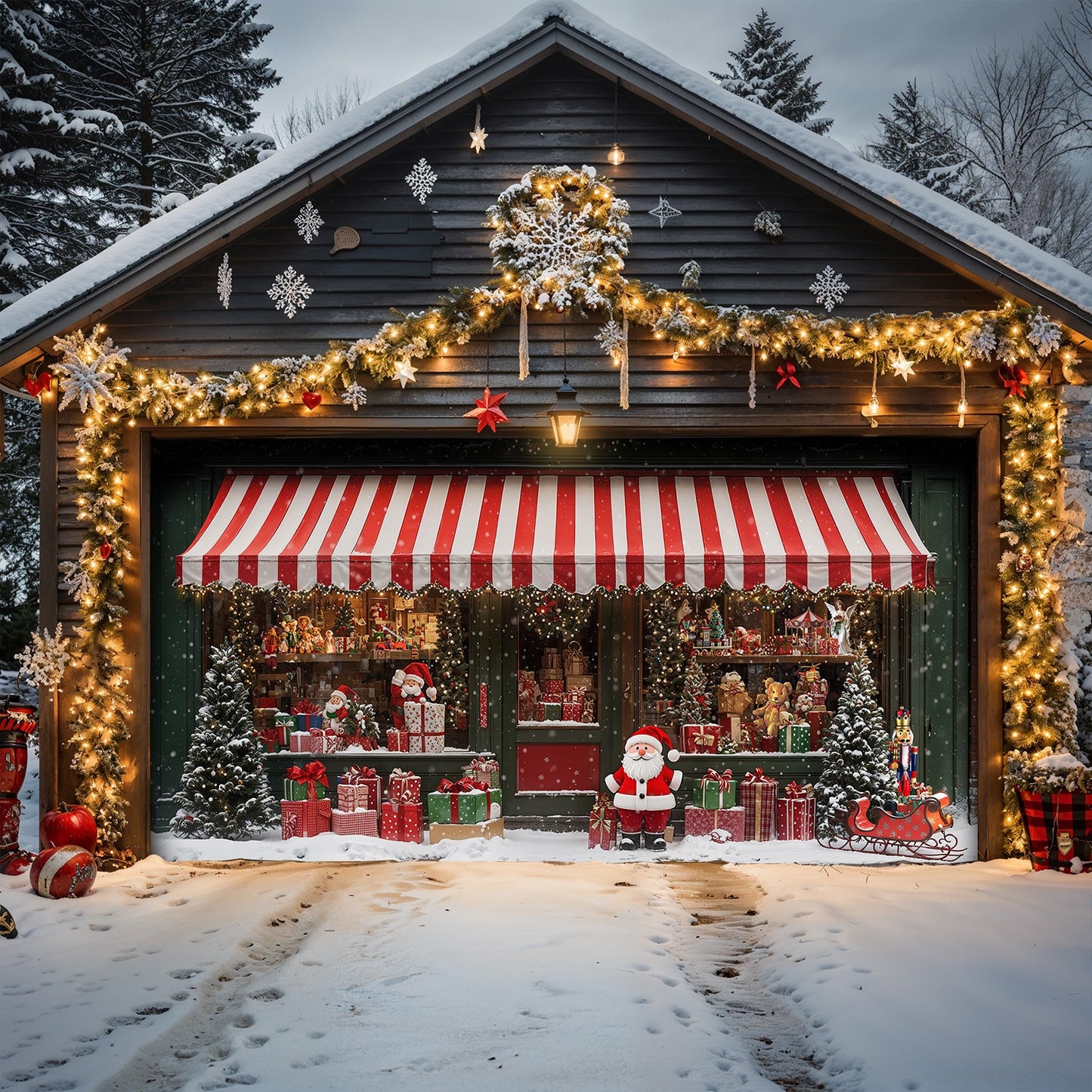 Lorva Christmas Garage Door Banner Decoration Christmas Magic at the Window A Snowy Shopfront with Santa and Presents