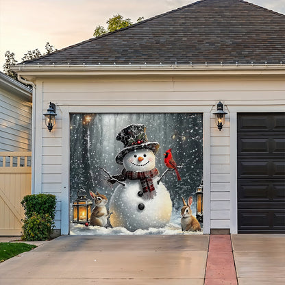 Lorva Garage Door Banner Decoration Winter Forest Snowman Gathering with Bunnies and Cardinals