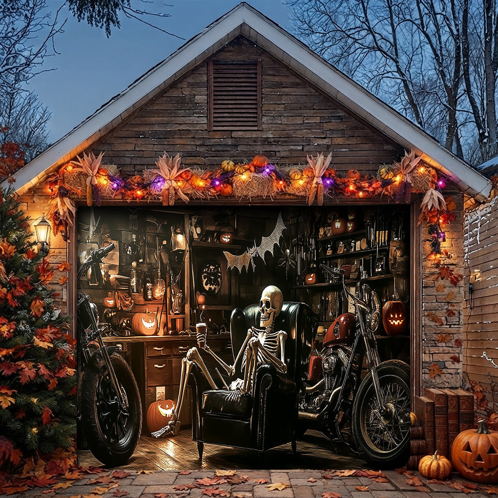 Lorva Halloween Garage Door Banner Decoration Spooky Skeleton Motorcycle Garage
