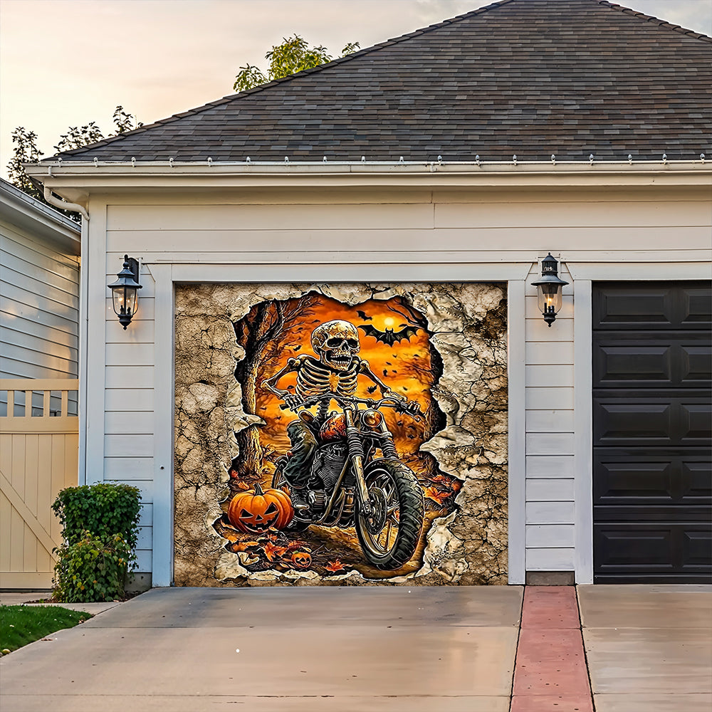 Lorva Halloween Garage Door Banner Decoration Skeleton Rider’s Halloween Ride