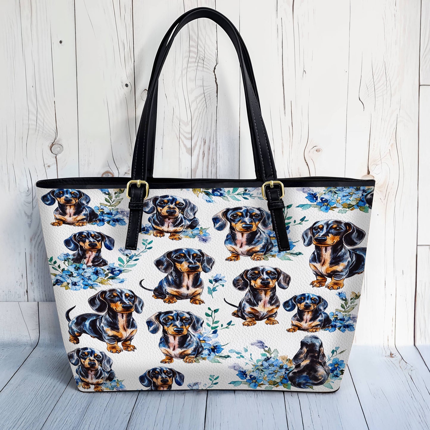 Lorva Leather Tote Bag Blue Bloom Dachshund