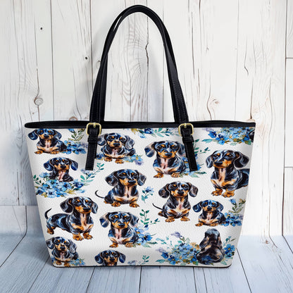 Lorva Leather Tote Bag Blue Bloom Dachshund