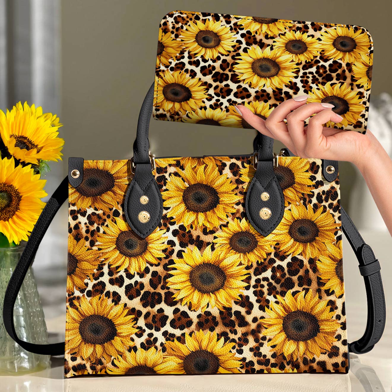 Lorva Leather Bag Leopard Sunflowers