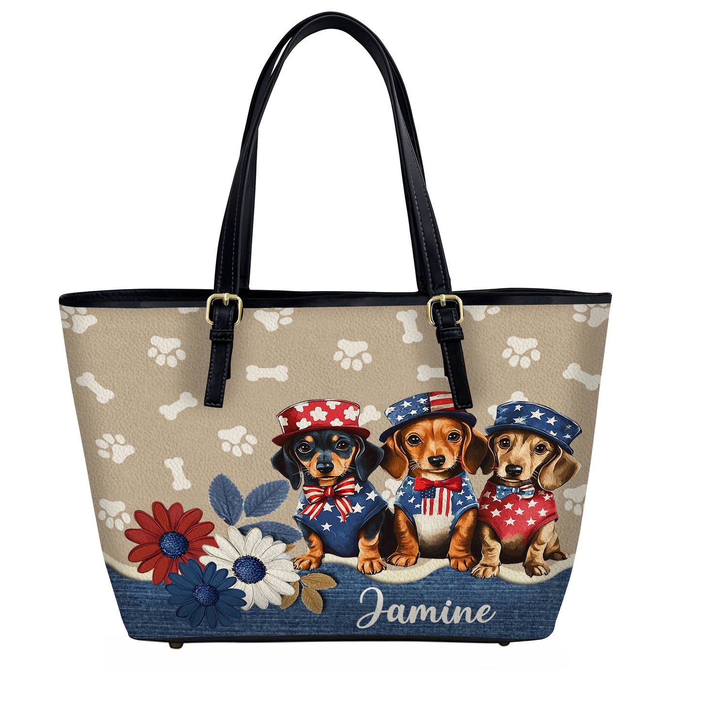 Lorva Dachshund Leather Tote Bag Personalized Happy Independence Day