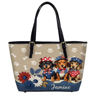 Lorva Dachshund Leather Tote Bag Personalized Happy Independence Day