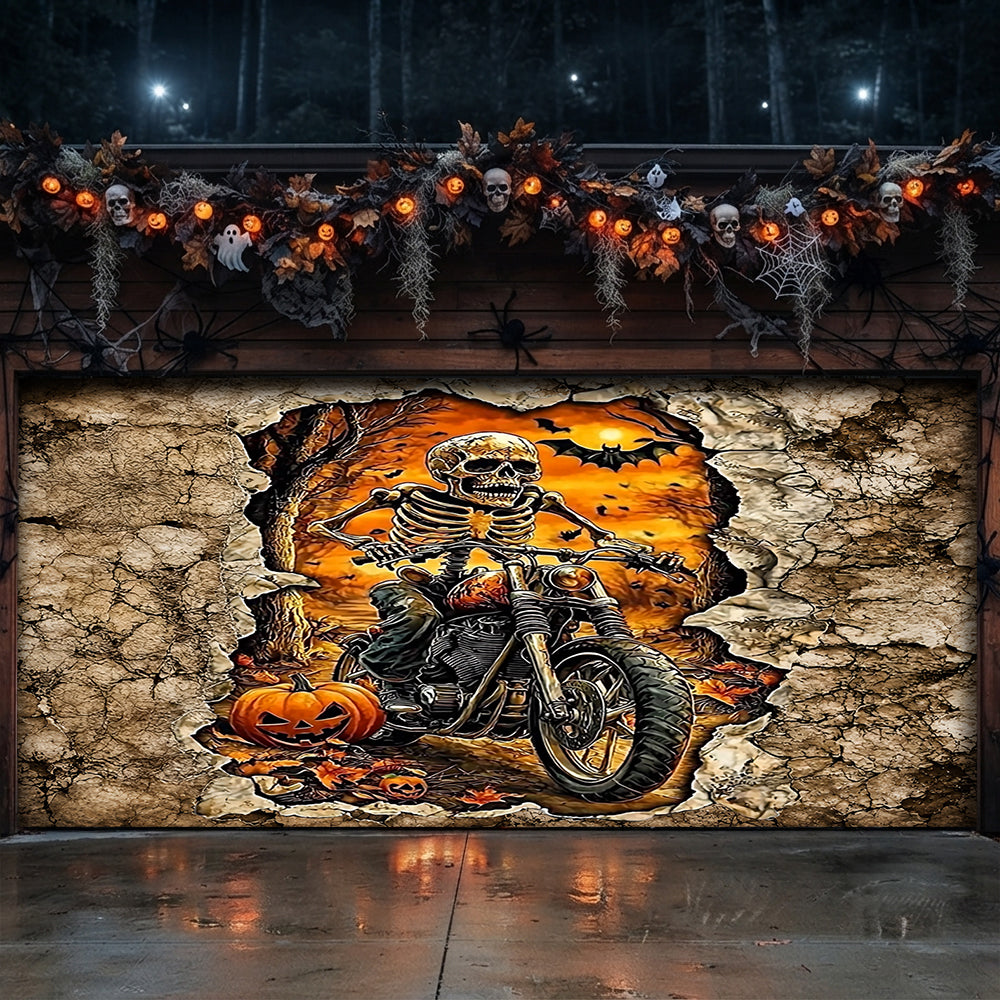 Lorva Halloween Garage Door Banner Decoration Skeleton Rider’s Halloween Ride