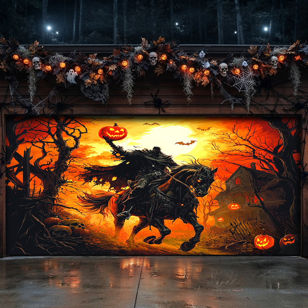 Lorva Halloween Garage Door Banner Decoration Headless Horseman’s Halloween Ride
