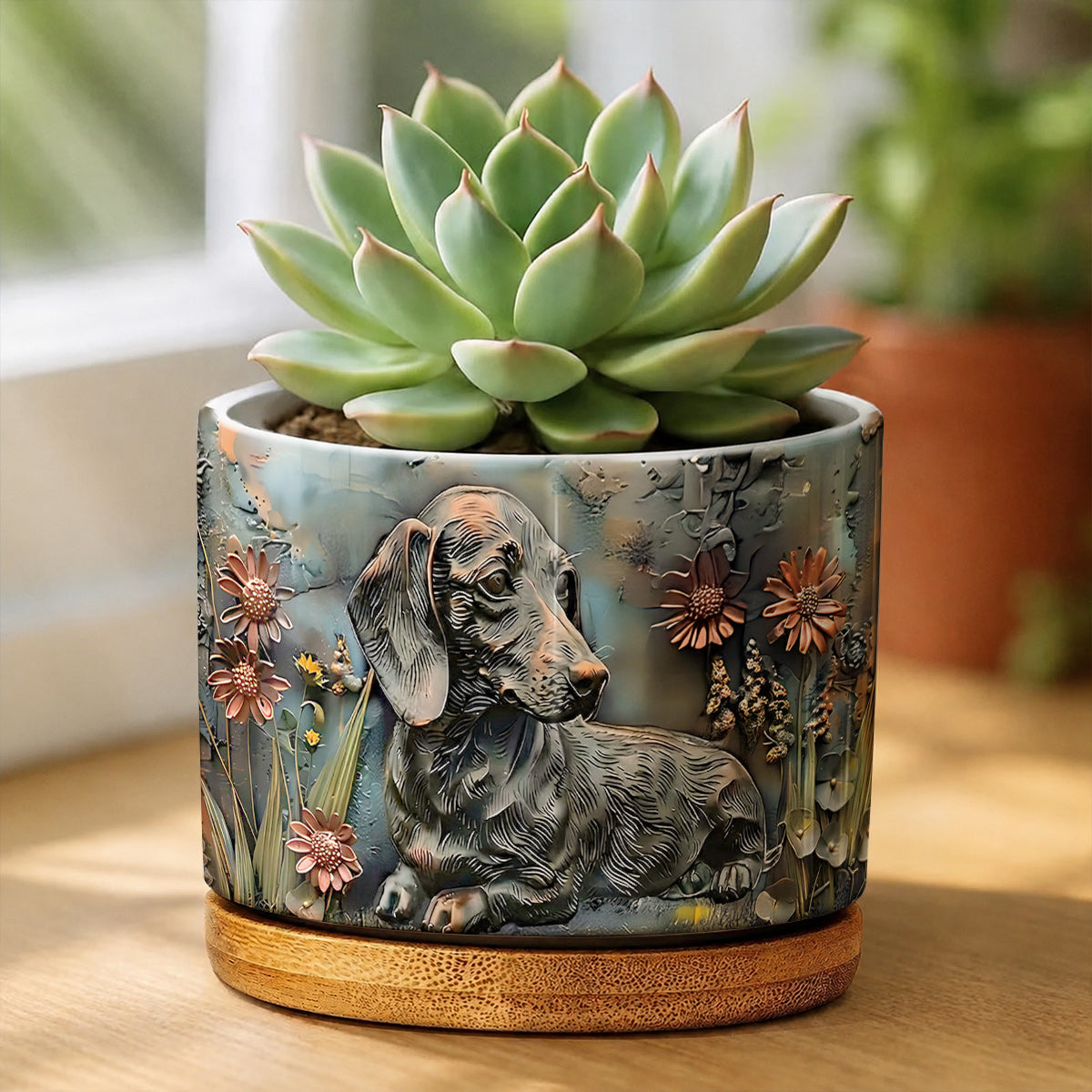 Lorva Dachshund Flat Print Ceramic Plant Pot Rustic Dachshund Garden