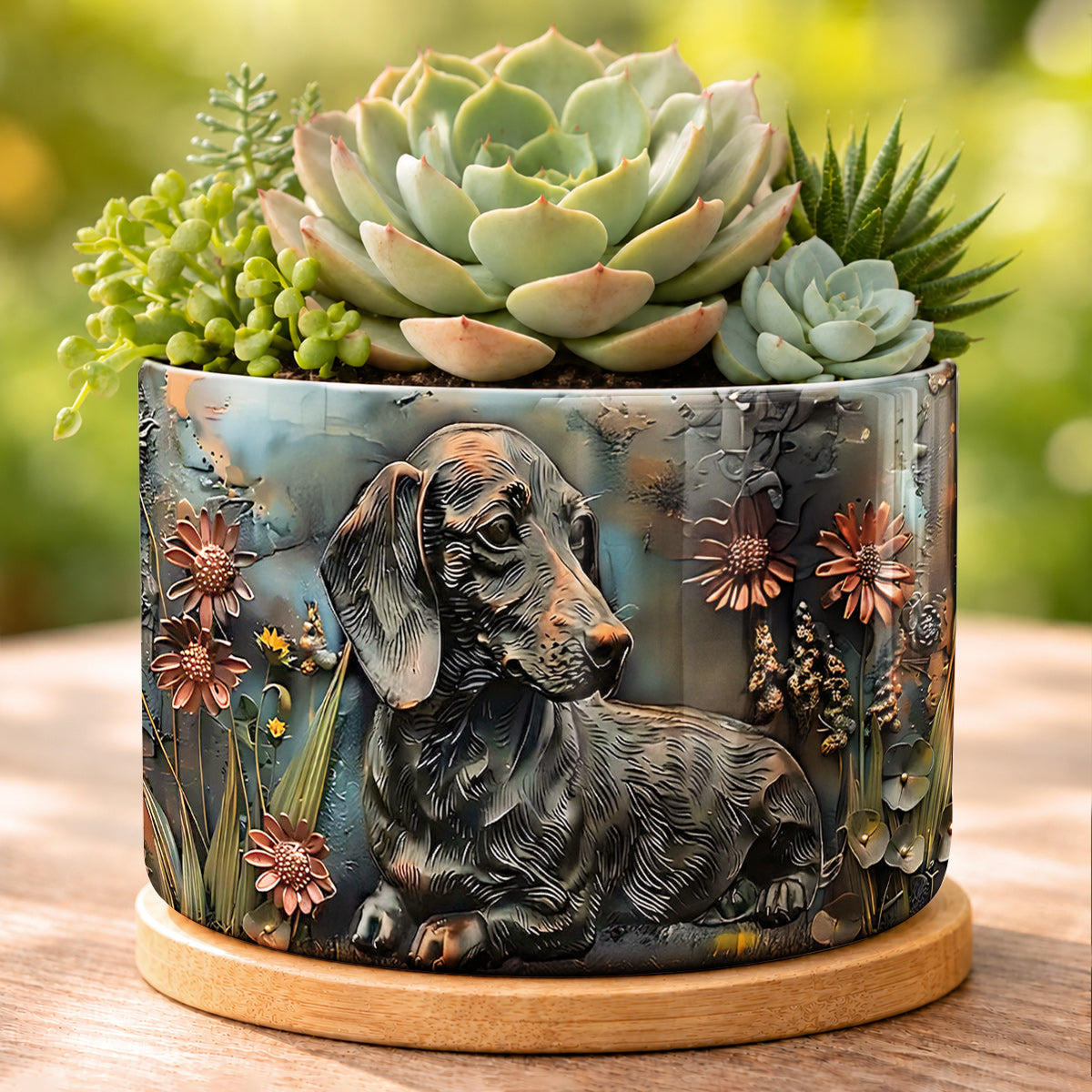 Lorva Dachshund Flat Print Ceramic Plant Pot Rustic Dachshund Garden