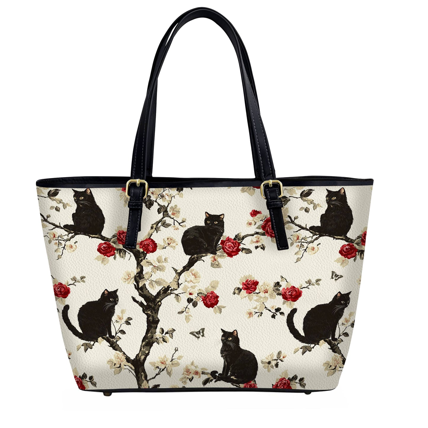 Lorva Black Cat Leather Tote Bag Roses Love