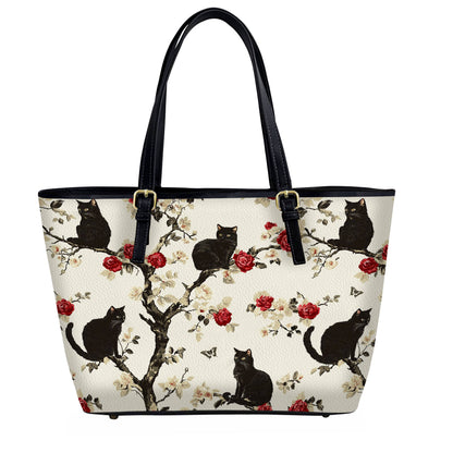 Lorva Black Cat Leather Tote Bag Roses Love