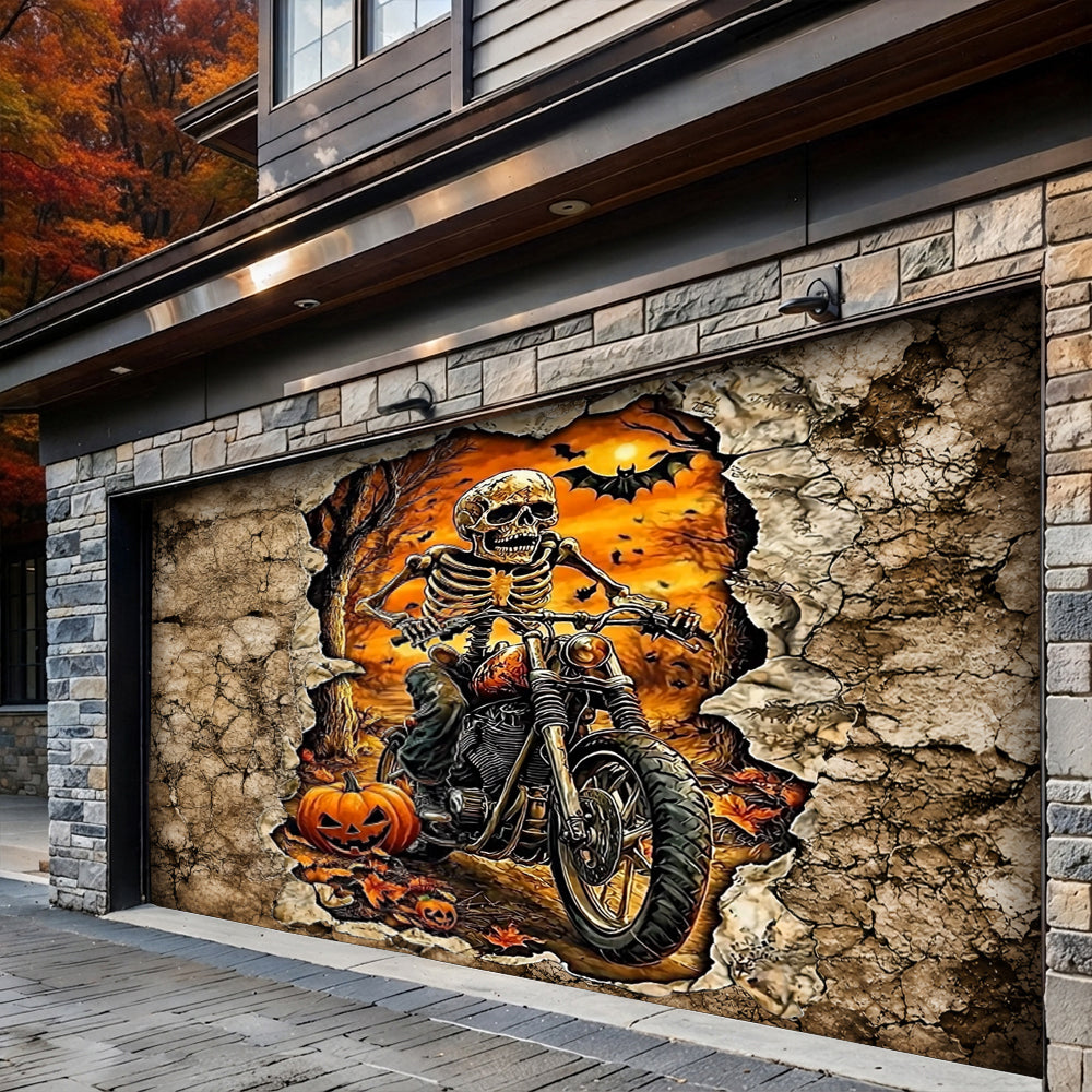 Lorva Halloween Garage Door Banner Decoration Skeleton Rider’s Halloween Ride