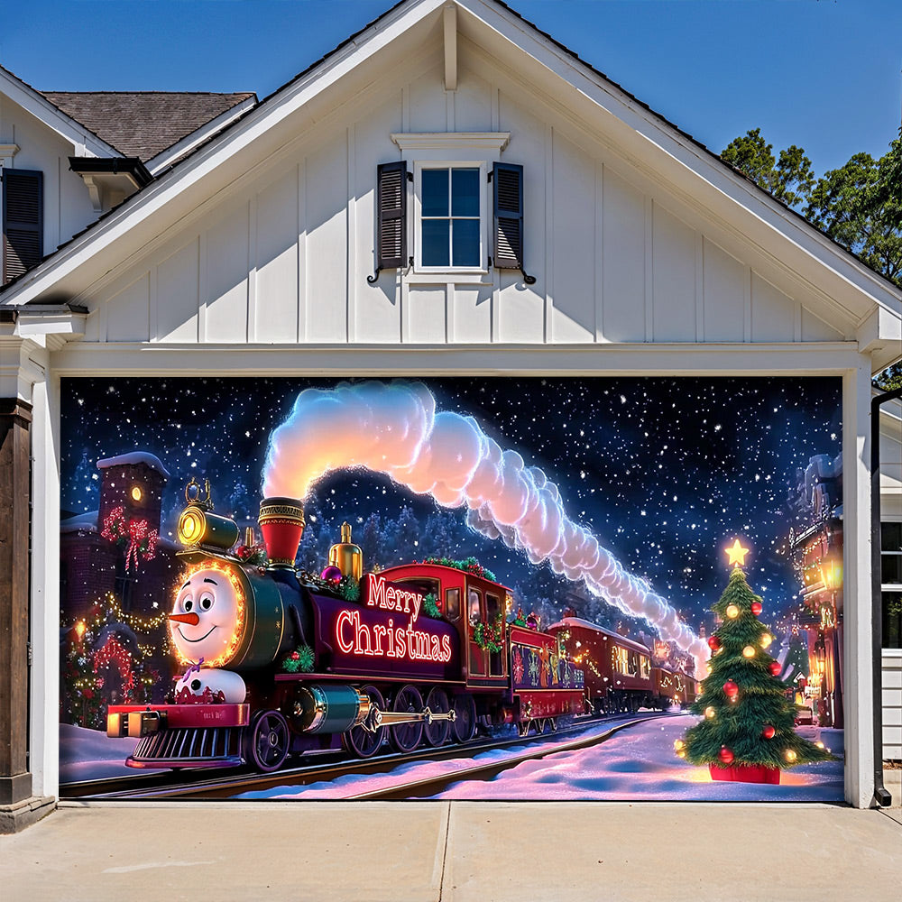 Lorva Christmas Garage Door Banner Decoration Cute Snowman’s Train Express